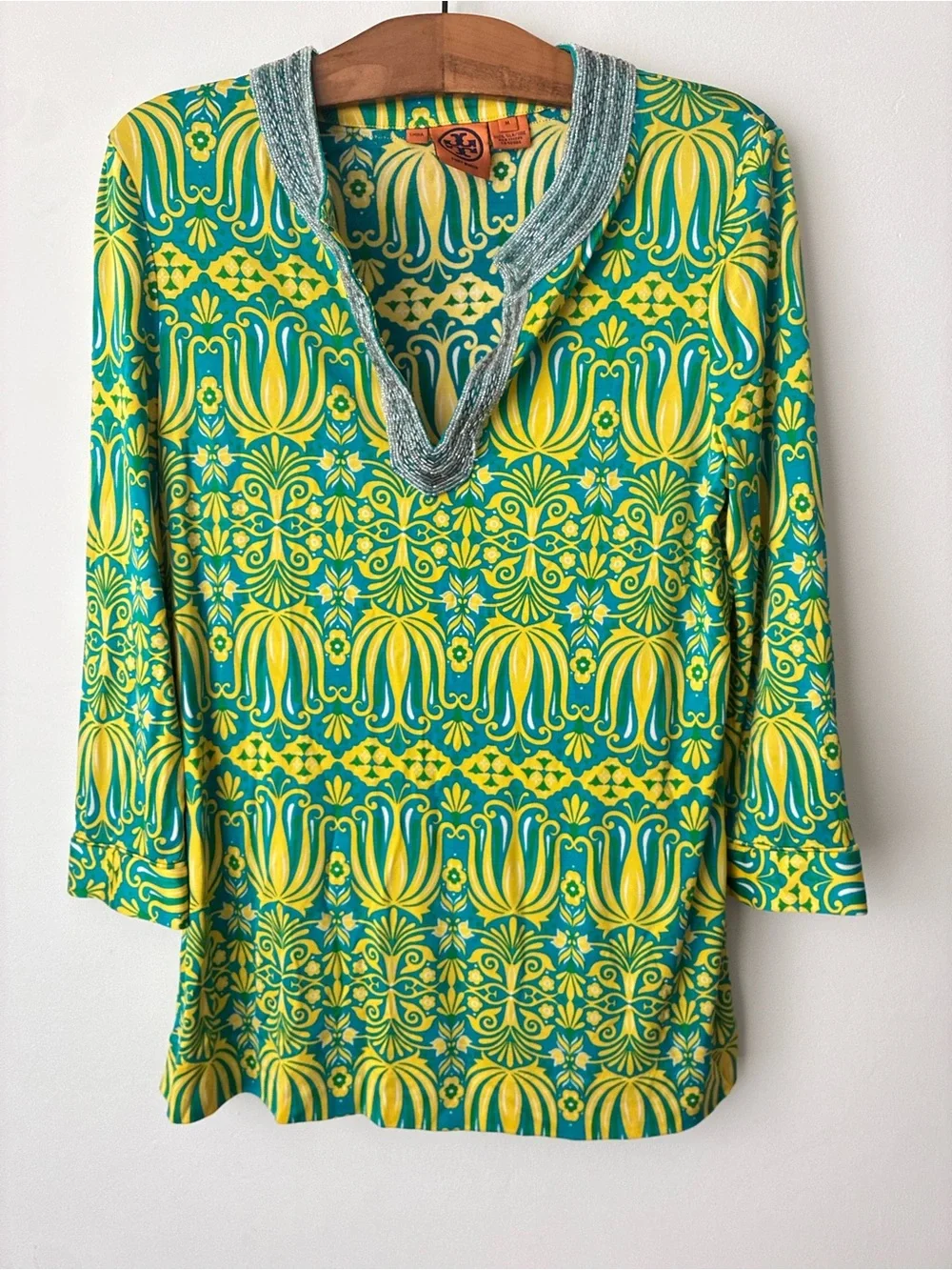Tory Burch Top Women’s Medium 100% Silk Beaded Blouse Resort Wear Caftan Tunic